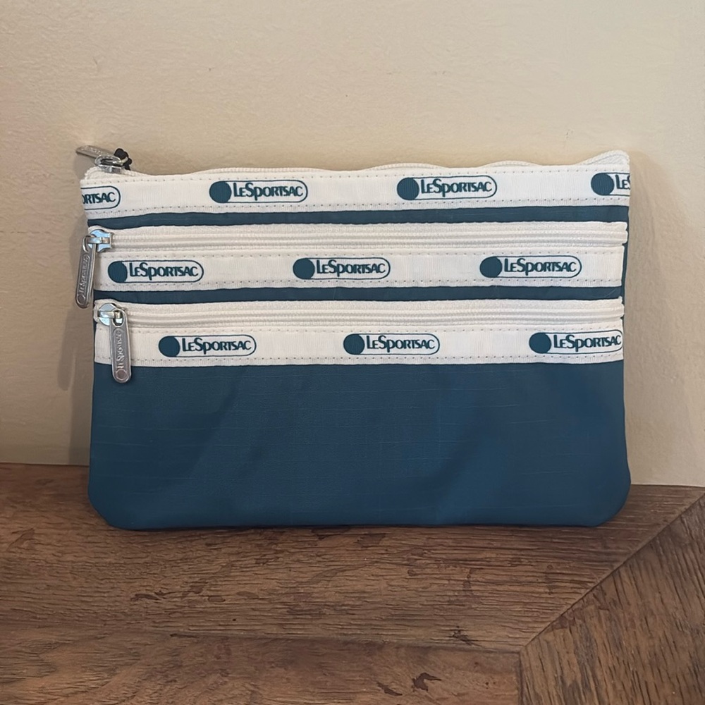 New with tags- LeSportsac teal blue 3 zip cosmetic bag